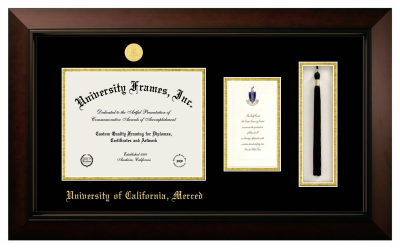 University of California Merced Diploma with Announcement & Tassel Box Frame in Legacy Black Cherry with Black & Gold Mats for document: 8 1/2"h x 11"w  , diploma: 7"h x 4"w  