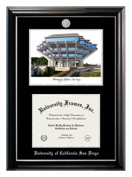 University of California San Diego Double Opening with Campus Image (Stacked) Frame in Classic Ebony with Silver Trim with Black & Silver Mats for document: 8 1/2"h x 11"w  