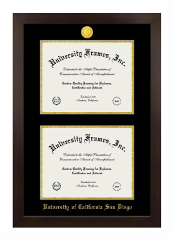 University of California San Diego Double Diploma Frame in Manhattan Espresso with Black & Gold Mats for document: 8 1/2"h x 11"w  , document: 8 1/2"h x 11"w  
