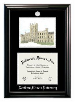 Northern Illinois University Double Opening with Campus Image (Stacked) Frame in Classic Ebony with Silver Trim with Black & Silver Mats for document: 8 1/2"h x 11"w  
