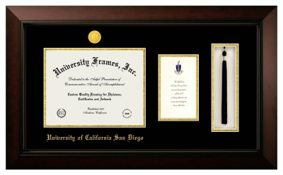 University of California San Diego Diploma with Announcement & Tassel Box Frame in Legacy Black Cherry with Black & Gold Mats for document: 8 1/2"h x 11"w  , diploma: 7"h x 4"w  