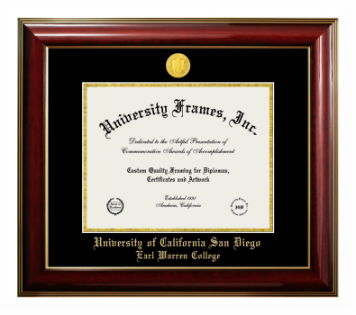 University of California San Diego Earl Warren College Diploma Frame in Classic Mahogany with Gold Trim with Black & Gold Mats for document: 8 1/2"h x 11"w  