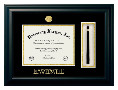 Southern Illinois University Edwardsville Diploma with Tassel Box Frame in Satin Black with Black & Gold Mats for document: 8 1/2"h x 11"w  