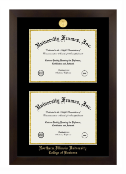 Northern Illinois University College of Business Double Diploma Frame in Manhattan Espresso with Black & Gold Mats for document: 8 1/2"h x 11"w  , document: 8 1/2"h x 11"w  