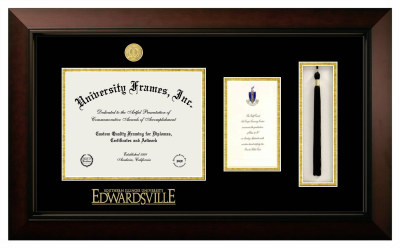Southern Illinois University Edwardsville Diploma with Announcement & Tassel Box Frame in Legacy Black Cherry with Black & Gold Mats for document: 8 1/2"h x 11"w  , diploma: 7"h x 4"w  