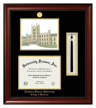 Northern Illinois University College of Business Double Opening with Campus Image & Tassel Box (Stacked) Frame in Avalon Mahogany with Black & Gold Mats for document: 8 1/2"h x 11"w  