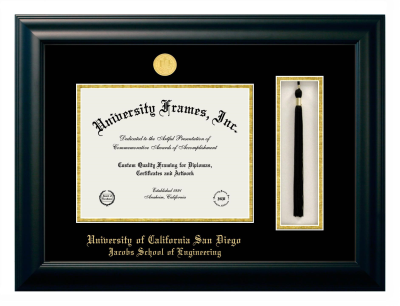 University of California San Diego Jacobs School of Engineering Diploma with Tassel Box Frame in Satin Black with Black & Gold Mats for document: 8 1/2"h x 11"w  