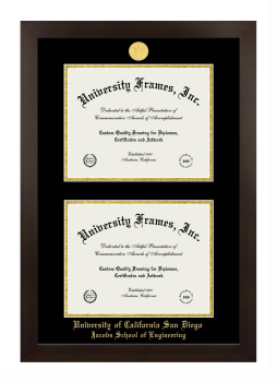 University of California San Diego Jacobs School of Engineering Double Diploma Frame in Manhattan Espresso with Black & Gold Mats for document: 8 1/2"h x 11"w  , document: 8 1/2"h x 11"w  