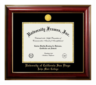 University of California San Diego John Muir College Diploma Frame in Classic Mahogany with Gold Trim with Black & Gold Mats for document: 8 1/2"h x 11"w  