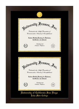 University of California San Diego John Muir College Double Diploma Frame in Manhattan Espresso with Black & Gold Mats for document: 8 1/2"h x 11"w  , document: 8 1/2"h x 11"w  