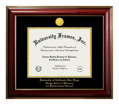 University of California San Diego Skaggs School of Pharmacy and Pharmaceutical Sciences Diploma Frame in Classic Mahogany with Gold Trim with Black & Gold Mats for document: 8 1/2"h x 11"w  