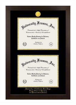 University of California San Diego Skaggs School of Pharmacy and Pharmaceutical Sciences Double Diploma Frame in Manhattan Espresso with Black & Gold Mats for document: 8 1/2"h x 11"w  , document: 8 1/2"h x 11"w  