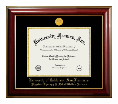 University of California San Francisco Physical Therapy & Rehabilitation Science Diploma Frame in Classic Mahogany with Gold Trim with Black & Gold Mats for document: 8 1/2"h x 11"w  