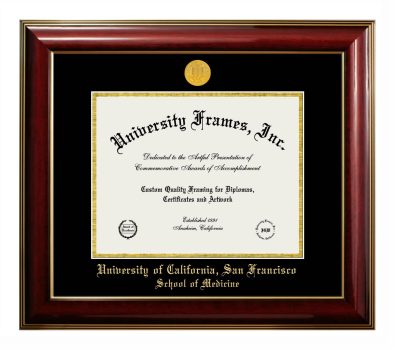 University of California San Francisco School of Medicine Diploma Frame in Classic Mahogany with Gold Trim with Black & Gold Mats for document: 8 1/2"h x 11"w  