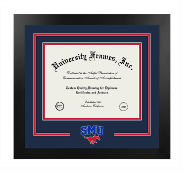 Southern Methodist University Perkins School of Theology Logo Mat Frame in Manhattan Black with Navy Blue & Red Mats for document: 8 1/2"h x 11"w  