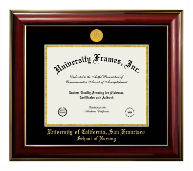 University of California San Francisco School of Nursing Diploma Frame in Classic Mahogany with Gold Trim with Black & Gold Mats for document: 8 1/2"h x 11"w  