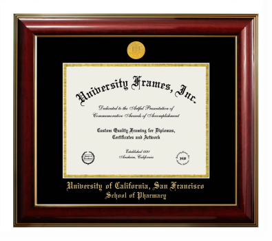 University of California San Francisco School of Pharmacy Diploma Frame in Classic Mahogany with Gold Trim with Black & Gold Mats for document: 8 1/2"h x 11"w  