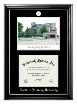 Northern Kentucky University Double Opening with Campus Image (Stacked) Frame in Classic Ebony with Silver Trim with Black & Silver Mats for document: 8 1/2"h x 11"w  