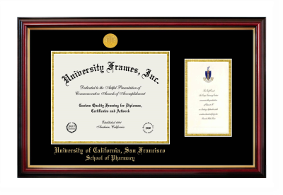 University of California San Francisco School of Pharmacy Diploma with Announcement Frame in Petite Mahogany with Gold Trim with Black & Gold Mats for document: 8 1/2"h x 11"w  , diploma: 7"h x 4"w  