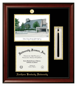 Northern Kentucky University Double Opening with Campus Image & Tassel Box (Stacked) Frame in Avalon Mahogany with Black & Gold Mats for document: 8 1/2"h x 11"w  