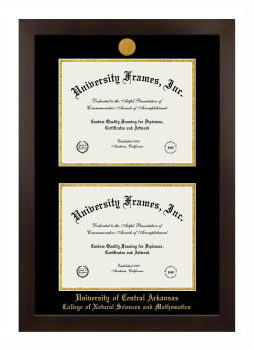 University of Central Arkansas College of Natural Sciences and Mathematics Double Diploma Frame in Manhattan Espresso with Black & Gold Mats for document: 8 1/2"h x 11"w  , document: 8 1/2"h x 11"w  