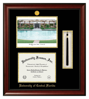 University of Central Florida Double Opening with Campus Image & Tassel Box (Stacked) Frame in Avalon Mahogany with Black & Gold Mats for document: 8 1/2"h x 11"w  