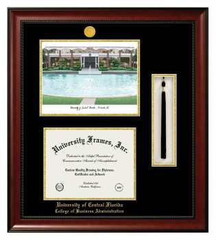 University of Central Florida College of Business Administration Double Opening with Campus Image & Tassel Box (Stacked) Frame in Avalon Mahogany with Black & Gold Mats for document: 8 1/2"h x 11"w  