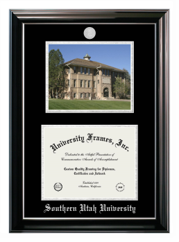 Southern Utah University Double Opening with Campus Image (Stacked) Frame in Classic Ebony with Silver Trim with Black & Silver Mats for document: 8 1/2"h x 11"w  