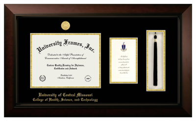 University of Central Missouri College of Health, Science, and Technology Diploma with Announcement & Tassel Box Frame in Legacy Black Cherry with Black & Gold Mats for document: 8 1/2"h x 11"w  , diploma: 7"h x 4"w  