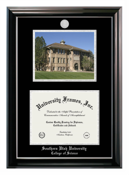 Southern Utah University College of Science Double Opening with Campus Image (Stacked) Frame in Classic Ebony with Silver Trim with Black & Silver Mats for document: 8 1/2"h x 11"w  
