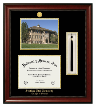 Southern Utah University College of Science Double Opening with Campus Image & Tassel Box (Stacked) Frame in Avalon Mahogany with Black & Gold Mats for document: 8 1/2"h x 11"w  
