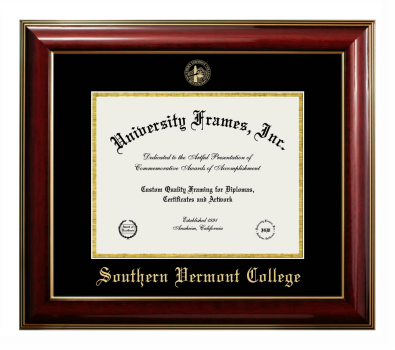 Southern Vermont College Diploma Frame in Classic Mahogany with Gold Trim with Black & Gold Mats for document: 8 1/2"h x 11"w  