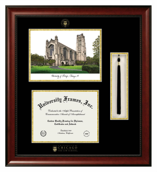 University of Chicago The Law School Double Opening with Campus Image & Tassel Box (Stacked) Frame in Avalon Mahogany with Black & Gold Mats for document: 8 1/2"h x 11"w  