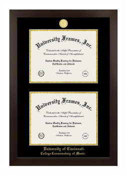University of Cincinnati College-Conservatory of Music Double Diploma Frame in Manhattan Espresso with Black & Gold Mats for document: 8 1/2"h x 11"w  , document: 8 1/2"h x 11"w  