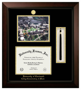 University of Cincinnati College-Conservatory of Music Double Opening with Campus Image & Tassel Box (Stacked) Frame in Legacy Black Cherry with Black & Gold Mats for document: 8 1/2"h x 11"w  