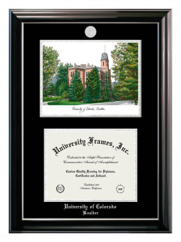 University of Colorado Boulder Double Opening with Campus Image (Stacked) Frame in Classic Ebony with Silver Trim with Black & Silver Mats for document: 8 1/2"h x 11"w  
