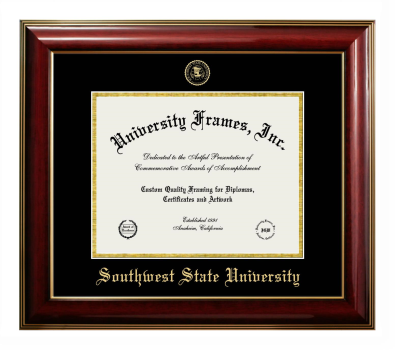 Southwest State University Diploma Frame in Classic Mahogany with Gold Trim with Black & Gold Mats for document: 8 1/2"h x 11"w  