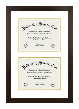 Southwest Texas State University Double Diploma Frame in Manhattan Espresso with White & Gold Mats for document: 8 1/2"h x 11"w  , document: 8 1/2"h x 11"w  