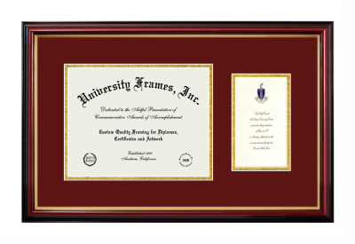 Southwest Texas State University Diploma with Announcement Frame in Petite Mahogany with Gold Trim with Maroon & Gold Mats for document: 8 1/2"h x 11"w  , diploma: 7"h x 4"w  