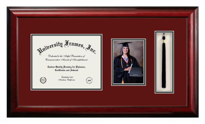 Southwest Texas State University Diploma with 5 x 7 Portrait & Tassel Box Frame in Classic Mahogany with Maroon & Forest Green Mats for document: 8 1/2"h x 11"w  