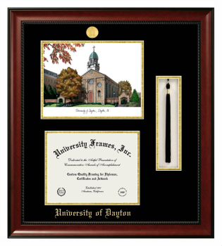 University of Dayton Double Opening with Campus Image & Tassel Box (Stacked) Frame in Avalon Mahogany with Black & Gold Mats for document: 8 1/2"h x 11"w  