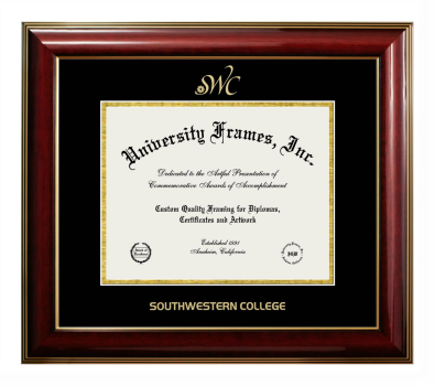 Southwestern College Diploma Frame in Classic Mahogany with Gold Trim with Black & Gold Mats for document: 8 1/2"h x 11"w  