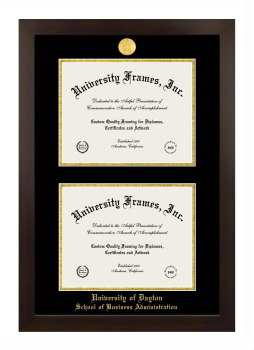 University of Dayton School of Business Administration Double Diploma Frame in Manhattan Espresso with Black & Gold Mats for document: 8 1/2"h x 11"w  , document: 8 1/2"h x 11"w  