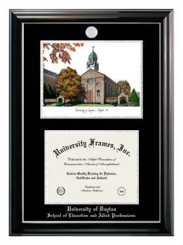 University of Dayton School of Education and Allied Professions Double Opening with Campus Image (Stacked) Frame in Classic Ebony with Silver Trim with Black & Silver Mats for document: 8 1/2"h x 11"w  