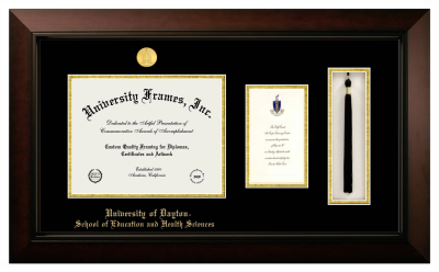 University of Dayton School of Education and Health Sciences Diploma with Announcement & Tassel Box Frame in Legacy Black Cherry with Black & Gold Mats for document: 8 1/2"h x 11"w  , diploma: 7"h x 4"w  