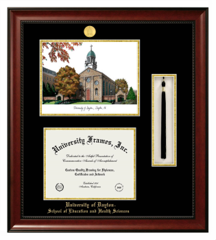 University of Dayton School of Education and Health Sciences Double Opening with Campus Image & Tassel Box (Stacked) Frame in Avalon Mahogany with Black & Gold Mats for document: 8 1/2"h x 11"w  
