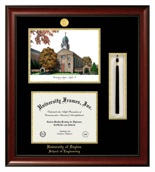 University of Dayton School of Engineering Double Opening with Campus Image & Tassel Box (Stacked) Frame in Avalon Mahogany with Black & Gold Mats for document: 8 1/2"h x 11"w  
