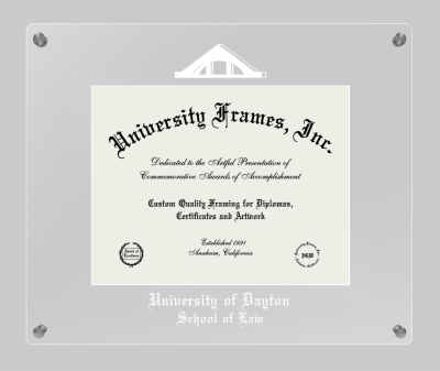 University of Dayton School of Law Lucent Clear-over-Clear Frame in Lucent Clear Moulding with Lucent Clear Mat for document: 8 1/2"h x 11"w  