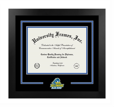 University of Delaware Logo Mat Frame in Manhattan Black with Black & Royal Blue Mats for document: 8 1/2"h x 11"w  