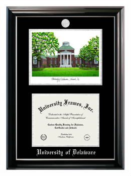 University of Delaware Double Opening with Campus Image (Stacked) Frame in Classic Ebony with Silver Trim with Black & Silver Mats for document: 8 1/2"h x 11"w  
